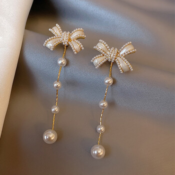 云依静蝴蝶结珍珠耳环女复古法式流苏长款耳环小众高级感轻奢耳坠女夏