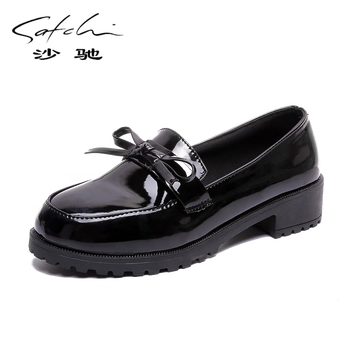 沙驰网红英伦小皮鞋春秋季女鞋子原宿新款时尚百搭低跟蝴蝶结单鞋黑色