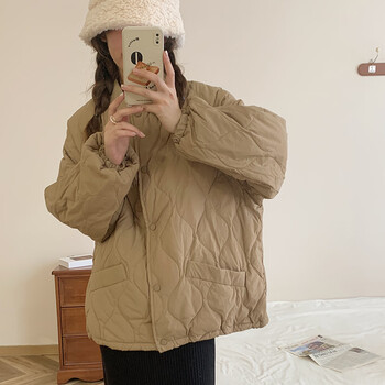 羽绒服短款高档宽松版轻薄小个子学生百搭韩版菱格白鸭绒甜美卡其色m