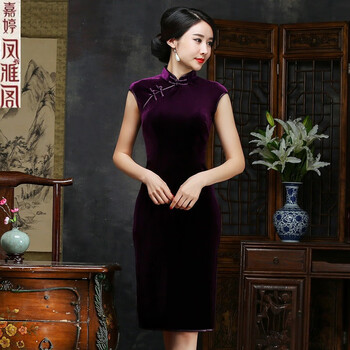 戎诺旗袍中长款改良时尚丝绒旗袍无袖韩国绒修身复古中式旗袍连衣裙