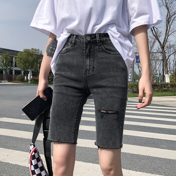 zrty夏季女生五分牛仔短裤女紧身热裤女士夏天穿的女新款弹力高腰灰色