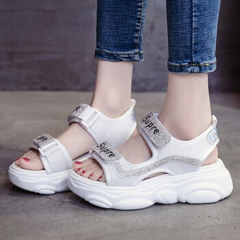 凉鞋女2022夏季新款网红松糕学生魔术贴百搭厚底运动老爹凉鞋白色35