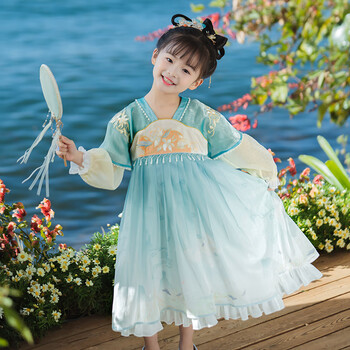 西子问古装女童春秋礼服汉服儿童周岁新款改良仙襦裙女灵烟蓝绿星星