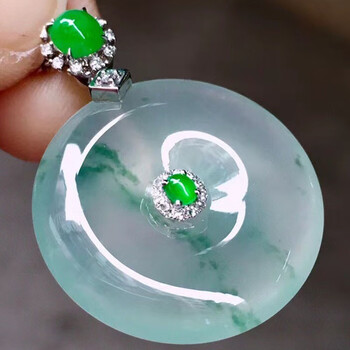 心偶玉翡翠冰飘蓝花平安扣吊坠缅甸a货翡翠18k金镶嵌玉石送礼送老婆送