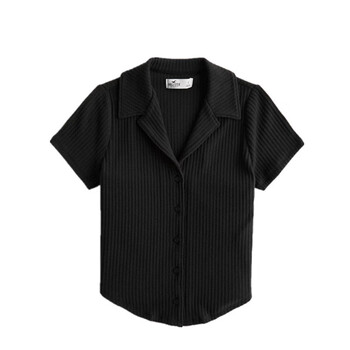 hollister小海鸥2023新款纯色竖条纹针织polo领短袖t恤短款上衣女