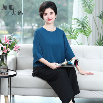 t恤套装中老年夏季新款两件套婆婆大妈装老妈衣服蓝色4xl建议140160斤