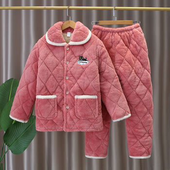 凤高冬季珊瑚绒睡衣三层夹棉加绒加厚中大童洋气米粒绒棉袄家居服套装