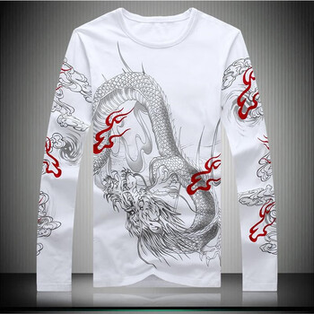 有龙图案的衣服中国风男士霸气龙鱼麒麟动物图案印花刺绣长袖t恤血裇