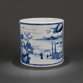 翠毛蓝青花山水笔筒