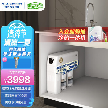 史密斯(A.O.SMITH)净水器家用整机保5年3:1高水效更省钱专利MAX3.0反渗透滤芯2升/分钟厨下式直饮净水机2000S