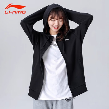 李宁外套女情侣薄款慵懒风连帽开衫黑色休闲宽松上衣运动服女 黑色连