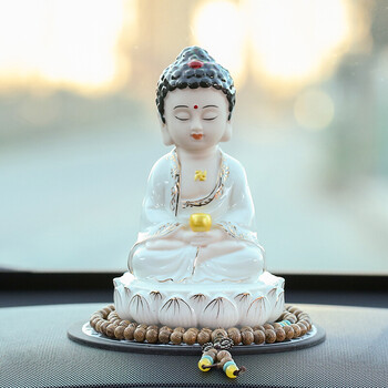 车载观音菩萨佛像车内中控台装饰用品保平安创意陶瓷汽车摆件 莲花
