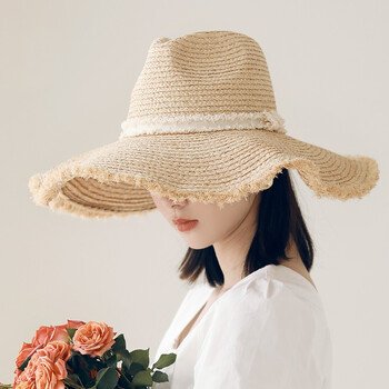 寞阳草帽女夏天出游沙滩大帽檐平檐大沿帽海边度假拉菲草遮阳帽可折叠