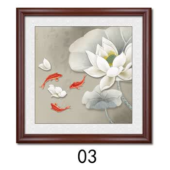玄关挂画客厅新中式正方形餐厅鲤鱼图背景墙过道壁画定制03锦鲤荷花图