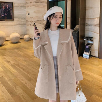 学院风衣女学生毛呢外套秋冬宽松中长款洋气大衣米白色xl建议115130斤