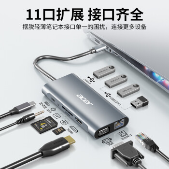 宏碁（acer）扩展坞11合1 USB-C转HDMI转换器适用ipadpro苹果macbook 4K投屏VGA音频网口分线器拓展坞
