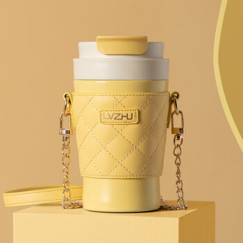 绿珠lvzhu 保温杯可爱高颜值吸管直饮咖啡杯316不锈钢 车载户外办公学生女士水杯子 K185明黄400ml+定制杯套