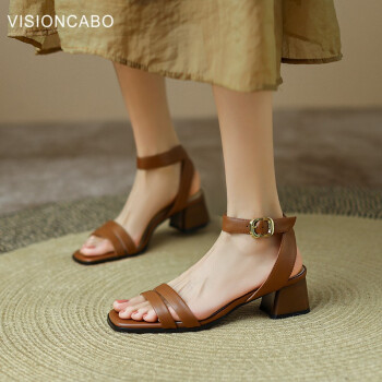 VISIONCABO威森卡伯 复古一字扣带粗跟凉鞋女中跟罗马鞋 棕色 39