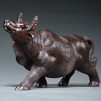 仙将 花梨实木牛摆件牛气冲天红木雕刻生肖牛木质工艺品家居办公装饰