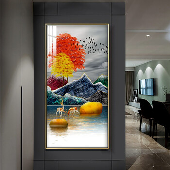 过道晶瓷画现代简约壁画 财禄双全 70x140cm(油画布面画 ps金色边框)