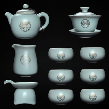 汝道 汝窑功夫茶具套装礼品家用小套复古办公室会客陶瓷盖碗功夫茶具茶壶茶杯整套泡茶器 汝窑金福圆珠壶11入礼盒装