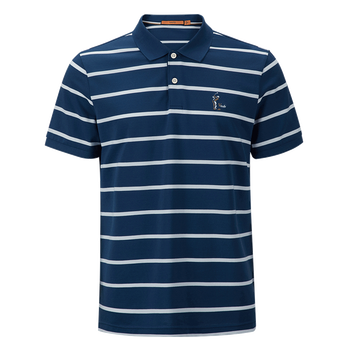 vasto华斯度新款男士珠地棉条纹短袖t恤微弹翻领休闲衫 蓝色21y051076