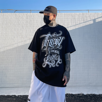 香茜妮体血衫男士t恤300克重磅花体字印花短袖t恤男宽松奇卡诺西海岸