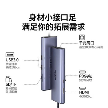 绿联 Type-C扩展坞USB-C转换器拓展坞HDMI网线转接头HUB通用笔记本平板【HDMI+读卡器+网卡】60515