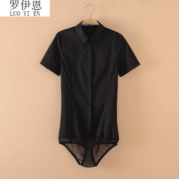 连体衬衣女夏衬衫连裆高端职业衬衫士连裆带内的白上衣时尚 黑色短袖