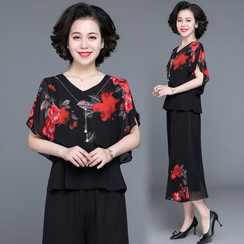 肥胖老年,女装短袖中老年女装夏装40岁50岁60岁大码气质妈妈装阔腿裤