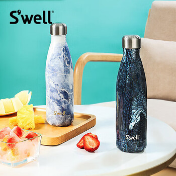 S'WELL保温杯不锈钢保温瓶户外运动水杯男女生礼物藏蓝大理石500ml