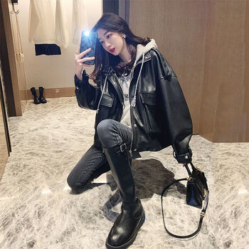 即美森田假两件皮衣外套女2024年新款黑色连帽拼接宽松短款机车服pu皮