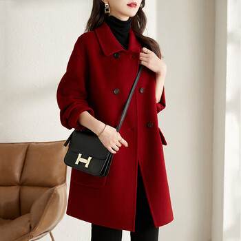 羊绒大衣女中长秋冬季2023年新款高端羊毛呢子外套红色法国红s90125斤