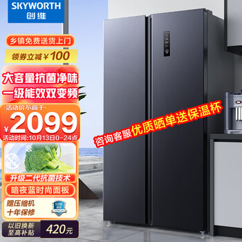 创维(SKYWORTH)501升风冷无霜对开门双开门冰箱变频一级能效大容量净味冰箱 BCD-501WKPS(N)
