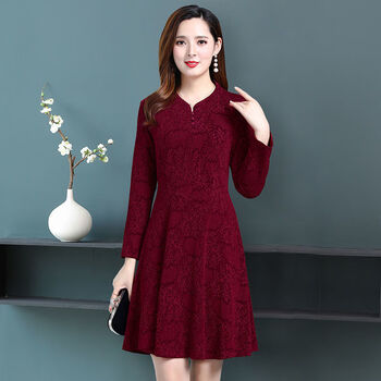 结婚妈妈穿的喜庆衣服春季中年裙子小个子春秋喜婆婆婚宴礼服 枣红色