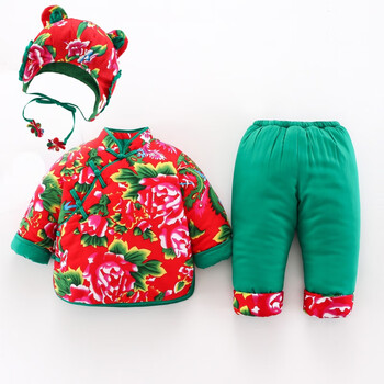 手工棉衣婴儿冬季套装加厚棉花儿童棉服外套冬装 红袄绿裤 帽子三件套