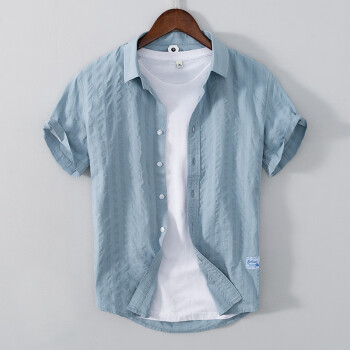构致新款夏季纯棉短袖衬衫男士休闲纯色衬衣薄款暗纹褶皱半袖开衫 浅蓝色 M
