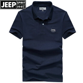 吉普（JEEP）T恤男短袖商务休闲上衣青年男士翻领纯色半袖体恤纯棉打底衫短袖 深蓝色 XL