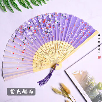 中国风女式学生古风流苏夏季随身携带古装古代汉服小竹扇20紫色樱雨不