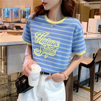 条纹宽松短袖t恤女2022夏季百搭体恤半袖印花上衣bxfw8604蓝色条纹m