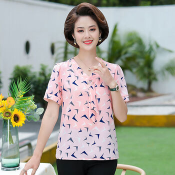 晚苏妈妈夏装两件套装短袖洋气雪纺衫新款中年人恤中老年女装上衣服