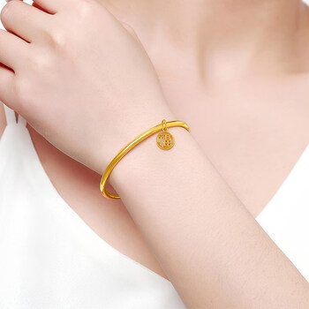 迷铭乐老凤祥和999纯银实心18k古法传承黄金手镯女福牌加妈妈母节礼物