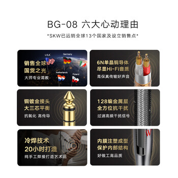 SKW 发烧级 6.5mm音频线公对公 6.35大三芯平衡 声卡/监听音箱/吉他乐器/调音台连接线 BG023-2米