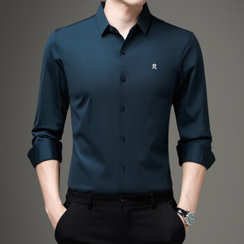 梦特娇法国进口长袖衬衫男桑蚕丝春季高级感免烫商务休闲品牌衬衣深蓝