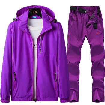 速干薄款防水透气运动徒步登山冲锋衣裤套装女紫色衣紫色裤套装2xl