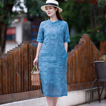 禾禾布衣素订女装原创棉麻苎麻刺绣中式改良旗袍宽松夏季连衣裙蓝色m