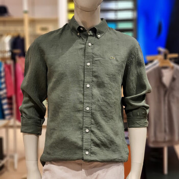 lacoste法国鳄鱼衬衫简约男士亚麻休闲商务翻领长袖 绿色316 40/100
