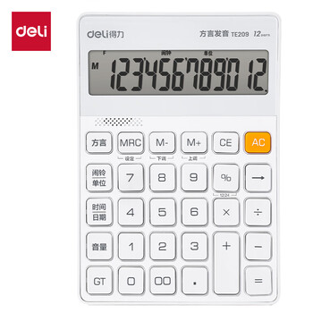 得力（deli）金属面板语音计算器 方言功能 简约轻薄机身 现代办公风格12位大屏数显 TE209浅灰