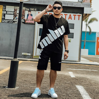 t恤休闲运动套装男宽松夏季薄肥佬潮胖子大码男装黑色xl150斤到170斤