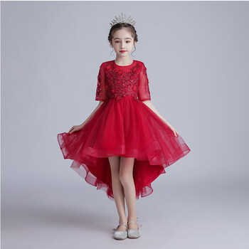 乖奇奇儿童礼服花童公主裙蓬蓬纱女童生日红色婚纱裙女孩钢琴走秀晚
